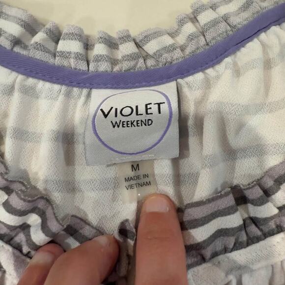 Violet Weekend Gray Purple Stripe Tasseled Neck Tiered Midi Dress Women's Medium - Picture 4 of 8